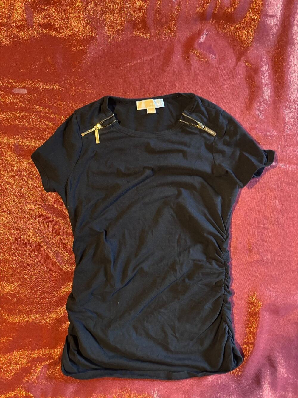 Michael Michael Kors Top Womens S Black Short Sleeve Gold Zipper Ruched Side